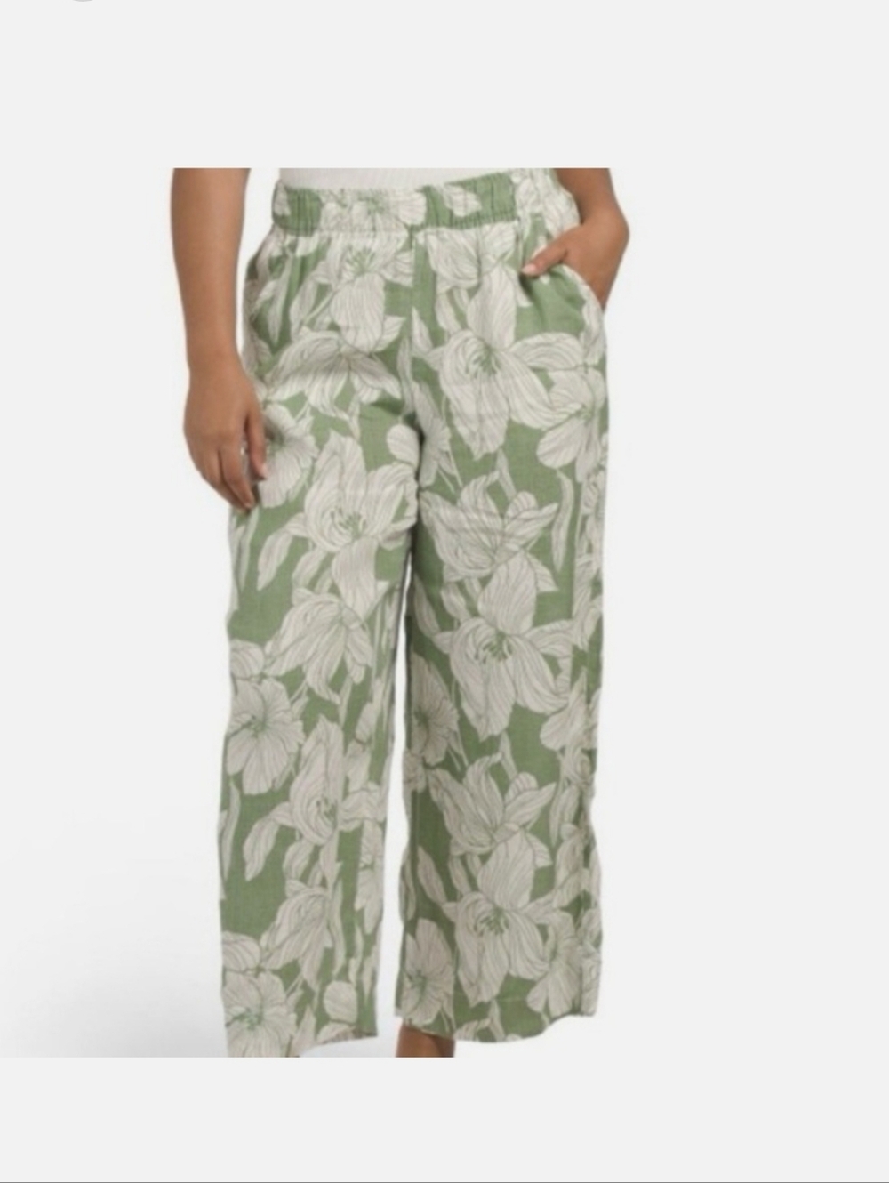 Tahari Pants 100% Linen Floral Leaf Print Wide Leg Pull On Crop